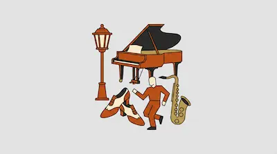Flat illustration of a grand piano, a saxophone, a street lamp, and a dancing figure on a light gray background