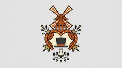 Flat illustration of a red windmill above a top hat and a chandelier, framed by curtains on a light grey background