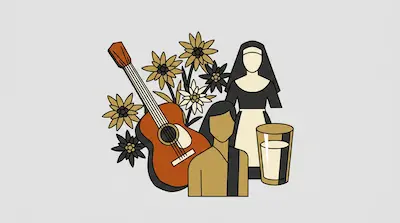 Flat illustration of a guitar, edelweiss flowers, a glass of milk, and two faceless women on a light grey background