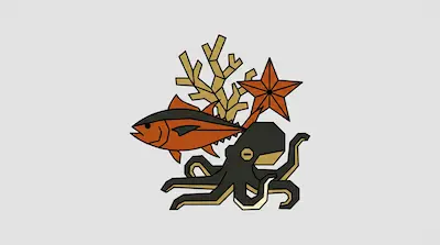 A geometric arrangement of a fish, octopus, starfish, and coral in orange, black, and gold.