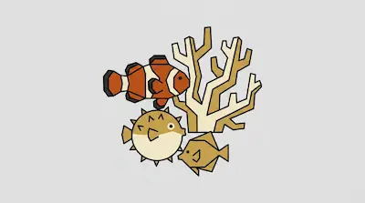 A clownfish, pufferfish, and small yellow fish swim near a piece of coral in a geometric art style.