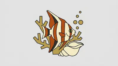 A stylized orange and cream striped angelfish swims near tan coral and a large seashell with bubbles floating above.