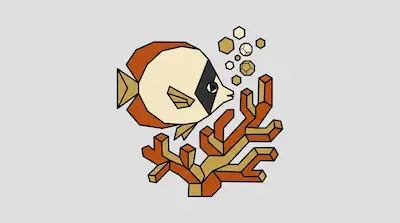 A geometric orange and white fish swims near a branch of coral with hexagonal bubbles.