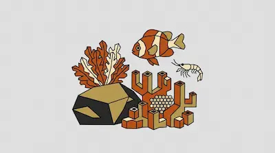A colorful damselfish guarding a coral patch beside algae on rock, a mysid shrimp, and a nest of fish eggs on a light gray background.