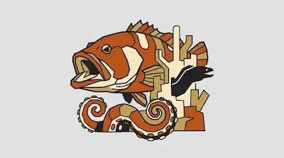 A stout grouper with a large open mouth beside a coral reef formation, a moray eel silhouette, and an octopus tentacle on a light gray background.