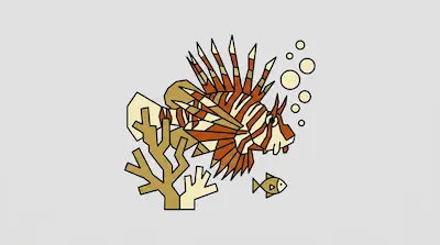 A stylized lionfish with orange and tan stripes swims near coral, a small fish, and bubbles.