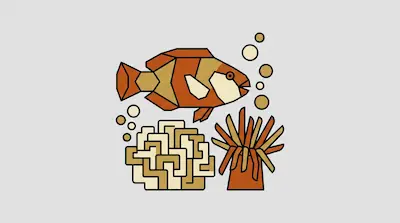 A geometric clownfish swims above a brain coral and a sea anemone, surrounded by small bubbles.