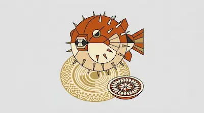 An inflated spherical pufferfish with visible spines and beak-like teeth above a geometric sand circle pattern and a fugu plate on a light gray background.