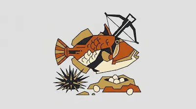 A triggerfish with a raised dorsal spine beside a sea urchin, a crossbow silhouette, and a sandy nest with scattered eggs on a light gray background.