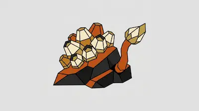 A cluster of orange and cream geometric shapes resembling barnacles on a dark, angular base.