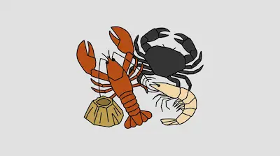 A red lobster, a black crab, a tan shrimp, and a barnacle are grouped together.