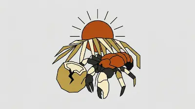 Flat illustration of a hermit crab next to a cracked coconut under a setting sun and palm leaves on a gray background