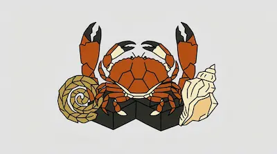 An orange crab with raised claws sits between a coiled shell and a pointed seashell on two dark blocks.