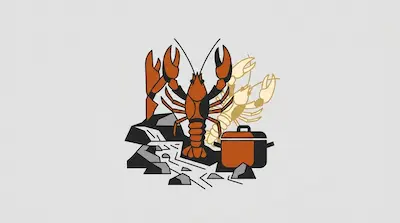 A crayfish with raised claws beside a moulted exoskeleton shell, a freshwater stream with rocks, and a cooking pot on a light gray background.