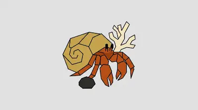 Flat illustration of a geometric hermit crab with a tan shell and white coral on a light gray background