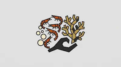 Four orange shrimp, tan coral, a grey wrench, and bubbles are arranged in a cluster on a light grey background.