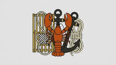 An orange lobster centered over a black anchor, a wooden trap, and a coiled rope.