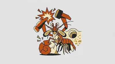 A mantis shrimp with raised smasher clubs and stalked eyes beside a cracked snail shell, a cavitation burst, and a burrow entrance on a light gray background.