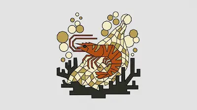 A geometric orange shrimp surrounded by bubbles and a net-like pattern above dark coral.
