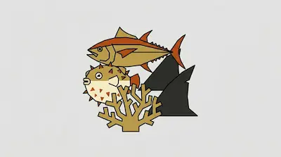 Flat illustration of a tuna, a pufferfish, and coral with shark fins on a light gray background with black outlines.