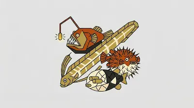 Flat illustration of an orange anglerfish, a long oarfish, and a spiky pufferfish on a light grey background