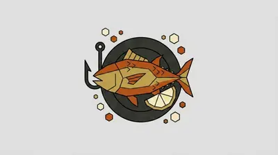 A fish with fins and tail on a dark round plate, a fishing hook to the left, and a halved lemon wedge below.