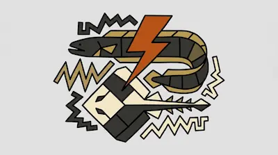 Flat illustration of an electric eel and a stingray with a red lightning bolt and zigzag lines on a gray background