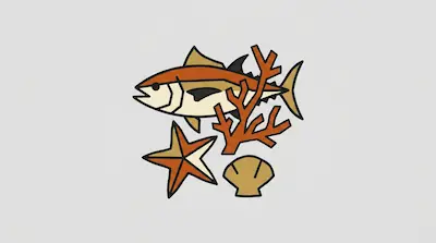 Flat illustration of a tuna fish swimming near orange coral, a starfish, and a seashell on a light grey background