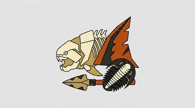 Flat illustration of a prehistoric fish skull, a trilobite, and a stone spearhead on a plain gray background
