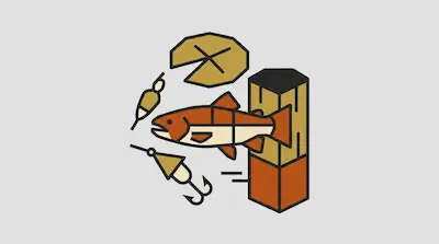 Flat illustration of a trout, a fishing lure, and a lily pad in a geometric style with thick black outlines.