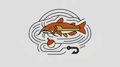 Flat illustration of an orange catfish swimming above a fishing hook and a red bobber with black line art
