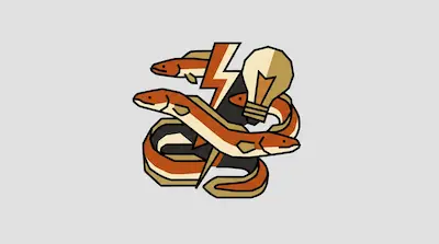 Flat illustration of orange eels swimming around a lightning bolt and a lightbulb on a light gray background