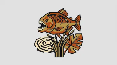 Flat illustration of a sharp-toothed piranha swimming above reeds and a tropical leaf on a light grey background