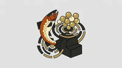 Flat illustration of a leaping orange salmon next to golden fish eggs and black geometric ripples on a gray background