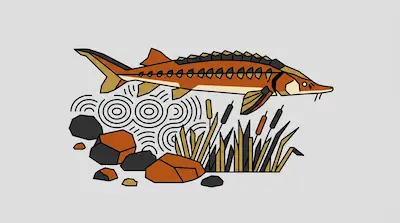Flat illustration of a sturgeon swimming over river rocks and reeds with stylized water ripples on a gray background
