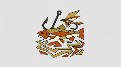 Flat illustration of a geometric trout jumping over water with a fishing hook and fly lure on a light grey background