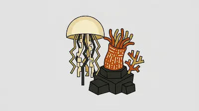 A stylized yellow jellyfish with zigzag tentacles next to an orange sea anemone on a dark rock.