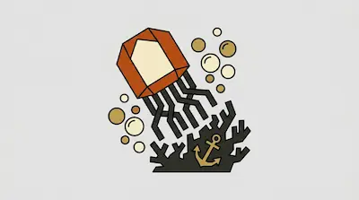 A boxy orange jellyfish floats above dark grey coral and a gold anchor, surrounded by tan bubbles.
