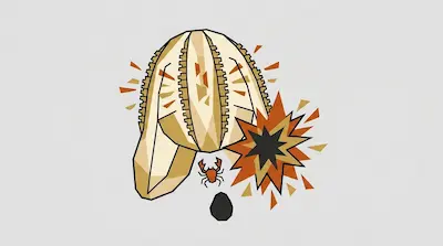 A translucent comb jelly with visible comb rows beside a tiny crustacean prey, a bioluminescent glow burst, and a statocyst grain on a light gray background.