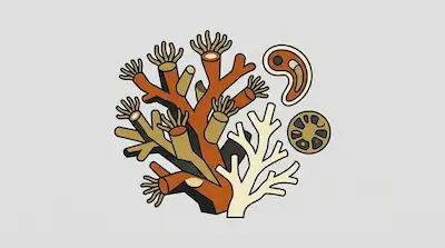 A branching coral colony with visible polyps beside a bleached white coral branch, a zooxanthellae algae cell, and a planula larva on a light gray background.