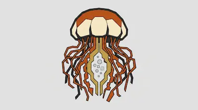 A stylized jellyfish with an orange and cream bell and many orange and black tentacles.