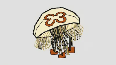 A stylized, angular jellyfish with a cream-colored bell featuring an orange interlocking symbol and thin tan tentacles.