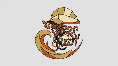 A stylized, geometric jellyfish with orange tentacles and a small fish caught inside, positioned above a large, curved wave.