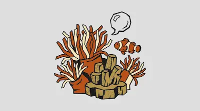 A stylized orange clownfish swims next to sea anemones and rocks, with a speech bubble floating above it.