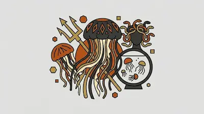 A sea nettle jellyfish with trailing tentacles beside a golden trident, a Medusa head silhouette, and a Kreisel tank with small jellies on a light gray background.