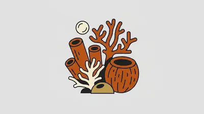 Flat illustration of orange tube sponges and branching coral with a small bubble on a light gray background