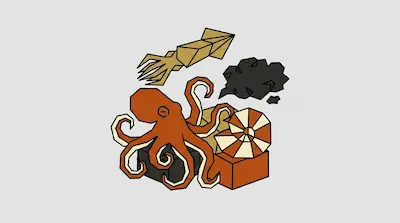 A geometric orange octopus, a tan squid, and a nautilus shell are grouped with a dark cloud and boxes.