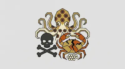 A small blue-ringed octopus with visible rings beside a cracked crab shell, a cluster of tiny eggs, and a skull-and-crossbones warning symbol on a light gray background.