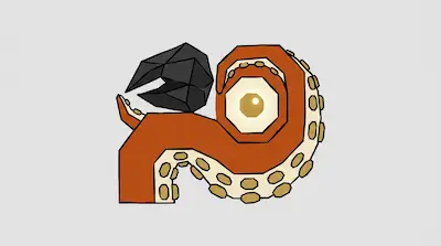 A stylized orange tentacle with a large glowing eye in its center and a black geometric rock resting on top.