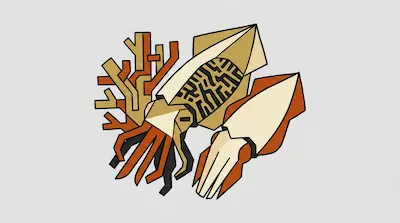 A stylized, geometric squid in tan and orange with a maze-like pattern on its mantle.